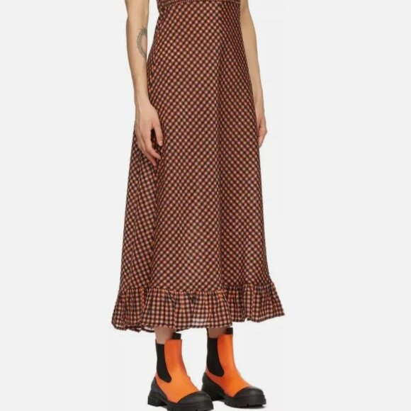 NWOT GANNI Seersucker Check Black/Orange Long Dress L $289 - Picture 12 of 13